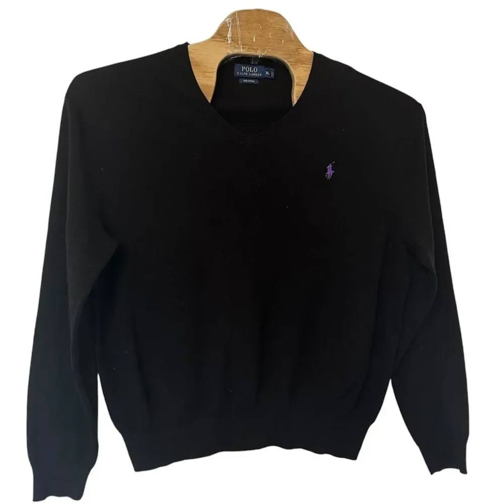 Polo Ralph Lauren Black Pima Cotton V-Neck Purple Pony Pullover Sweater Mens‎ XL